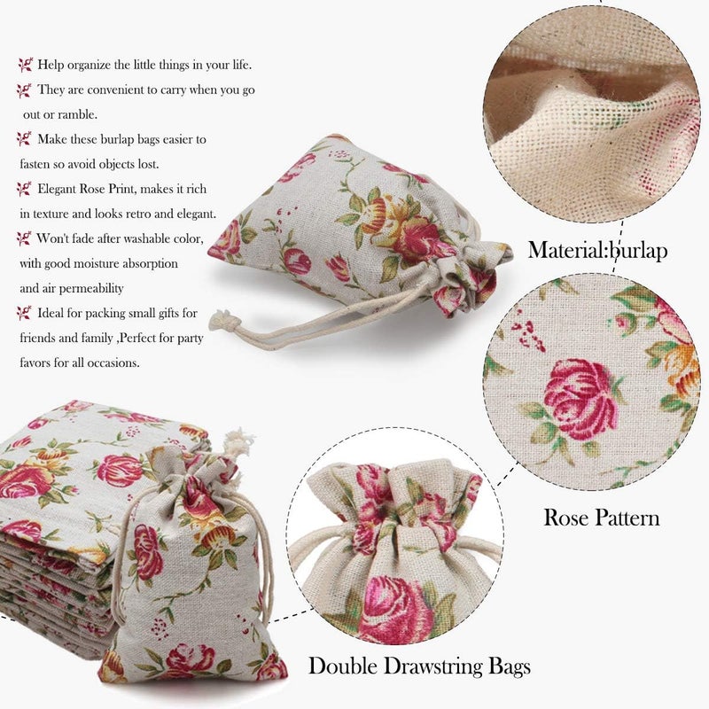 Hapdoo 50 Pack Rose Double Drawstring Burlap Bags Gift Reusable Linen Bags Jewelry Pouches Sacks for Wedding Party Gift 4"x 5.5", Presents Festivals Mothers Day Gift - Image 2